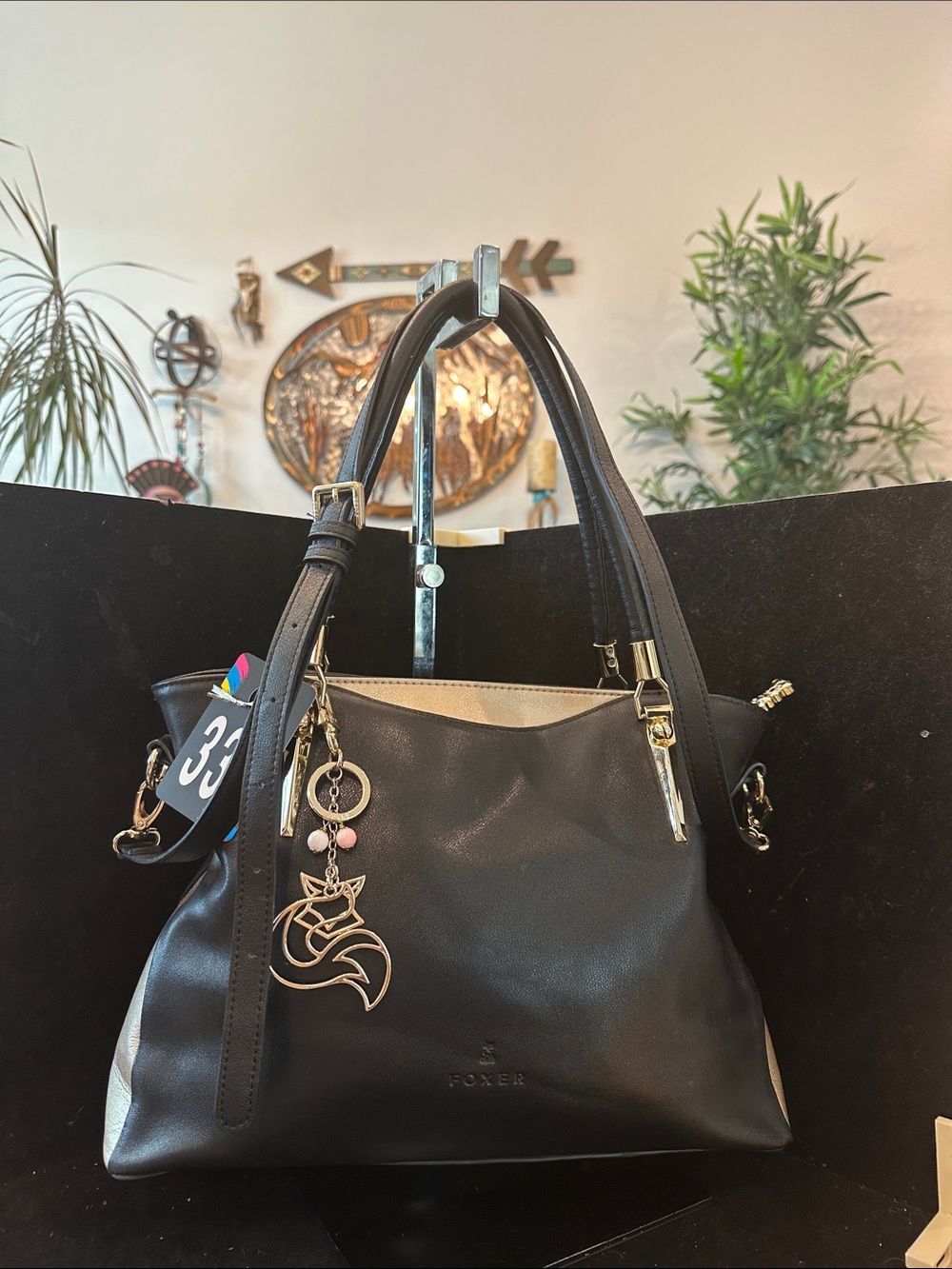 Fox Black Shoulder Tote with Gold Hardware and Fox Charm